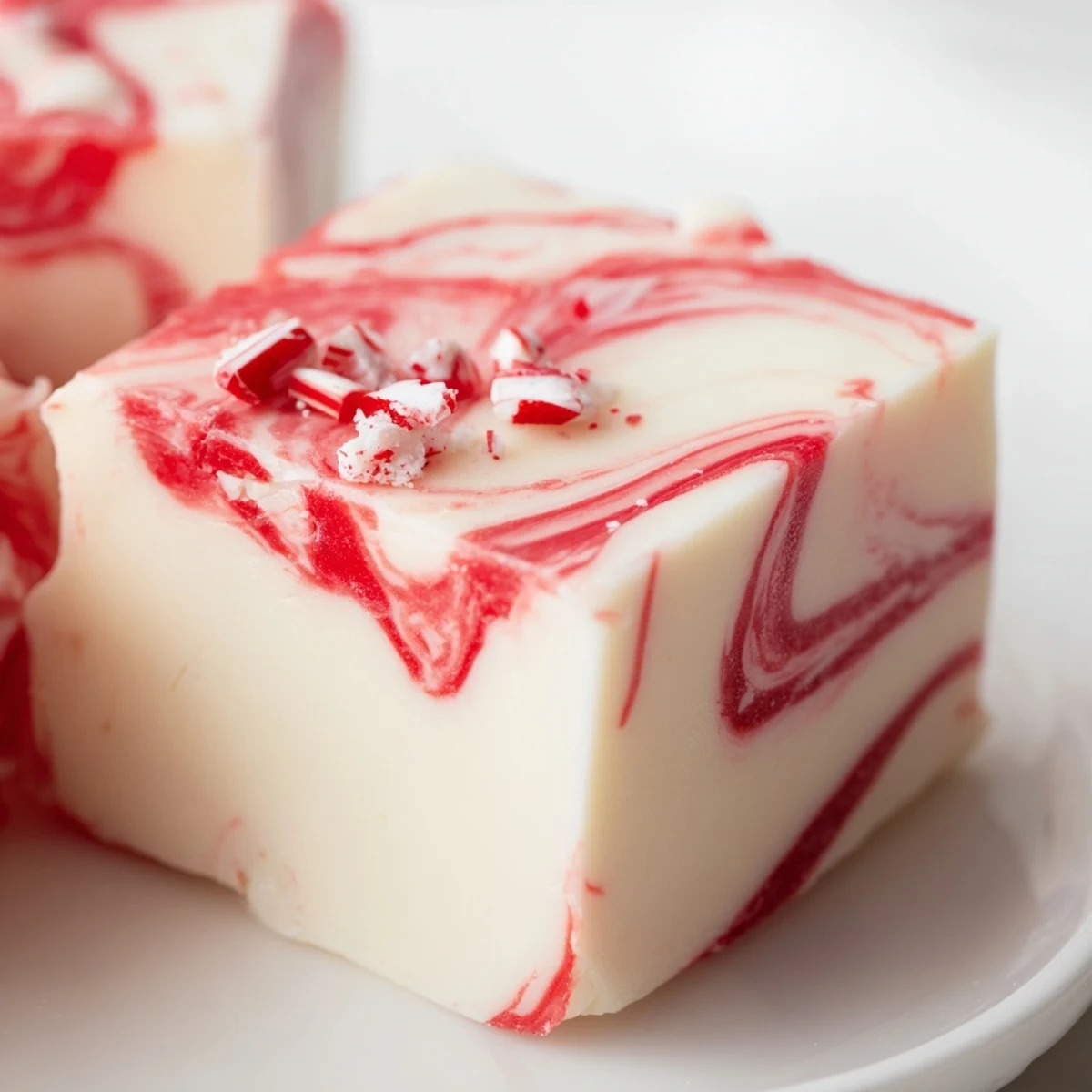 Rich peppermint swirl fudge cut into bite-sized pieces with red marble swirls and crushed peppermint topping on a white plate
