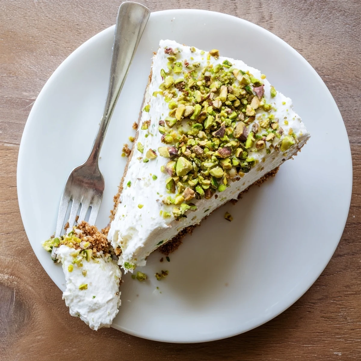 Creamy pistachio cheesecake slice with green-speckled filling on buttery graham cracker crust