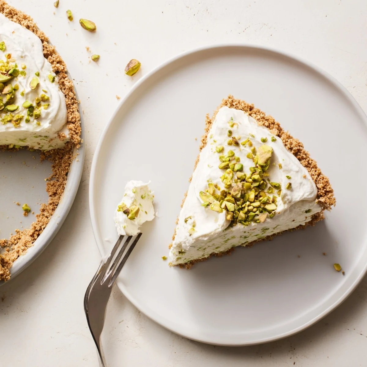 Whole pistachio cheesecake topped with whipped cream and chopped nuts on white plate