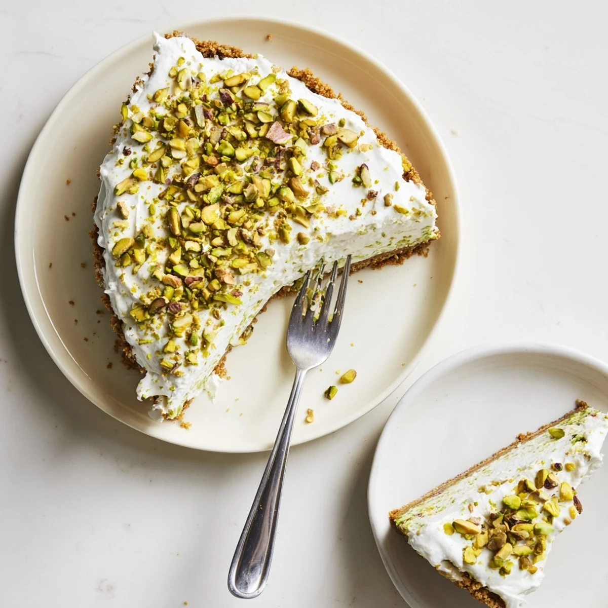 Homemade pistachio cheesecake showing smooth green filling texture with pistachio crumb crust base