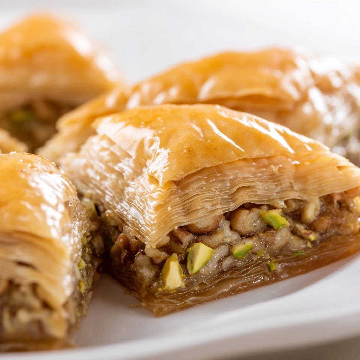 Golden baklava with layers of buttery phyllo pastry and chopped nuts drizzled with sweet honey syrup
