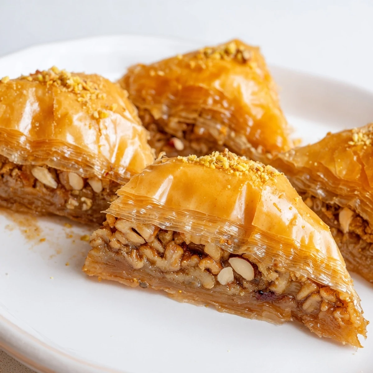 Crispy Middle Eastern baklava squares arranged on a serving plate with walnuts and pistachios visible between flaky layers