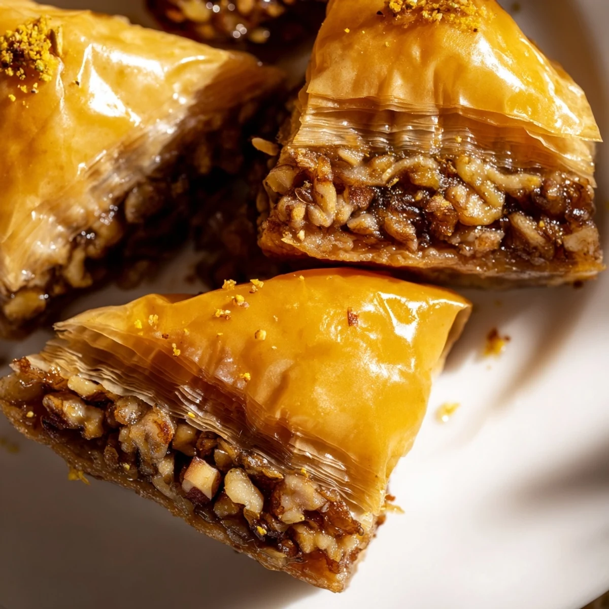 Homemade baklava dessert freshly cut showing golden pastry layers and nut filling soaked in aromatic cinnamon syrup