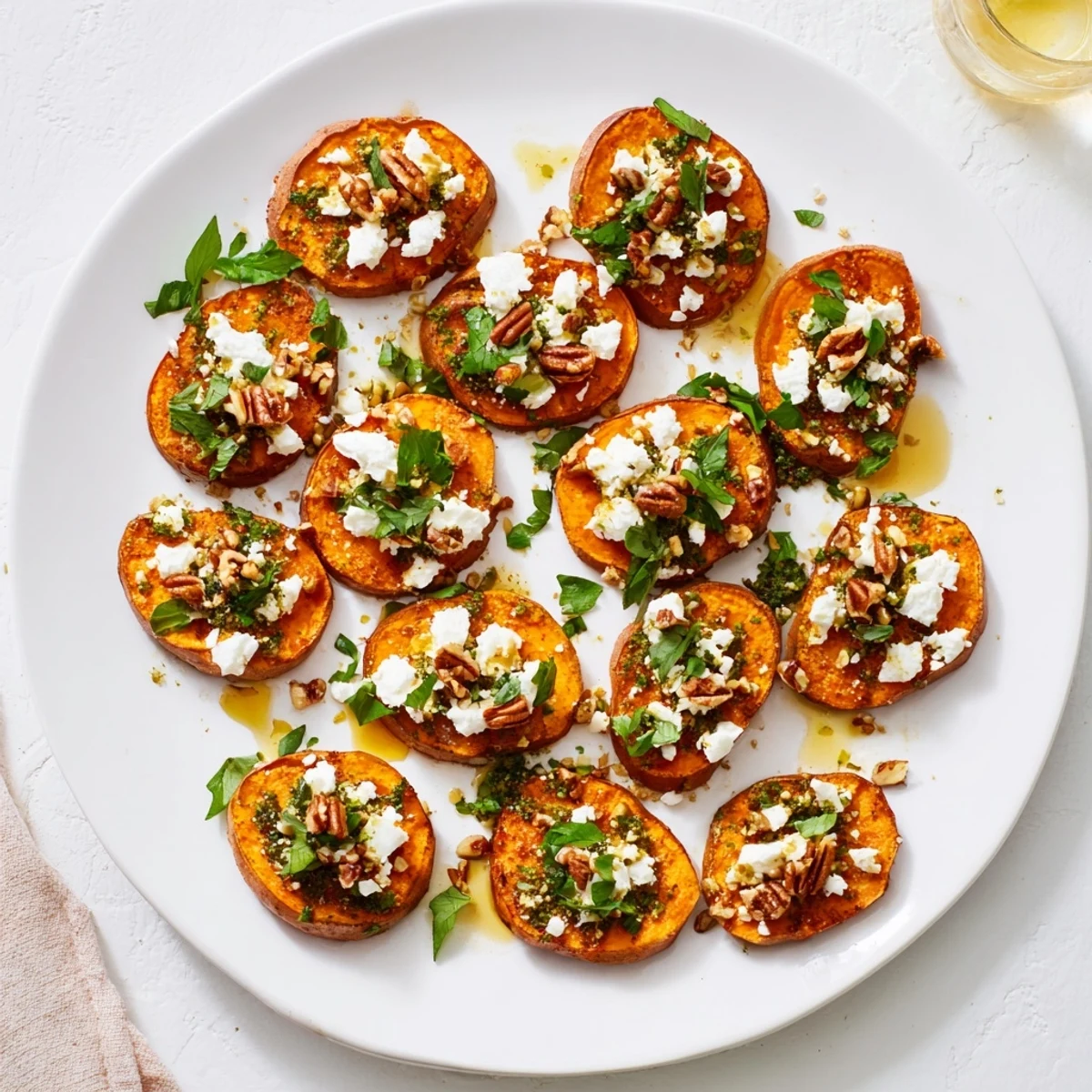Golden roasted sweet potato rounds topped with crumbled feta, honey drizzle, and fresh herb garnish on serving platter