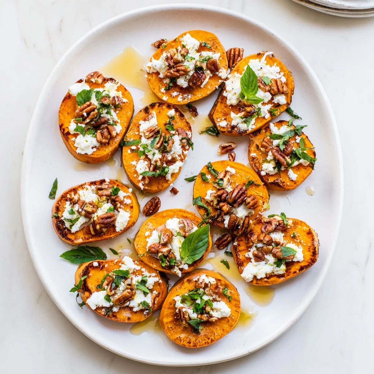 Appetizer spread featuring honey feta sweet potato crostini arranged on white platter with vibrant green herb drizzle