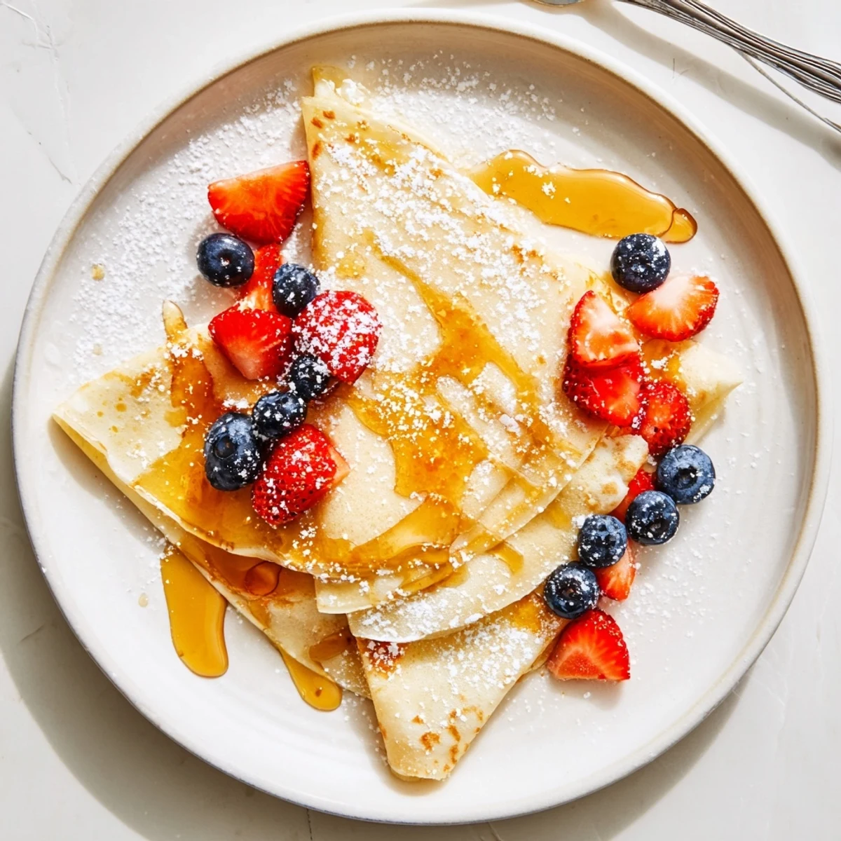 Golden honey drizzled over warm, delicate crepes with honey drizzle on a white plate