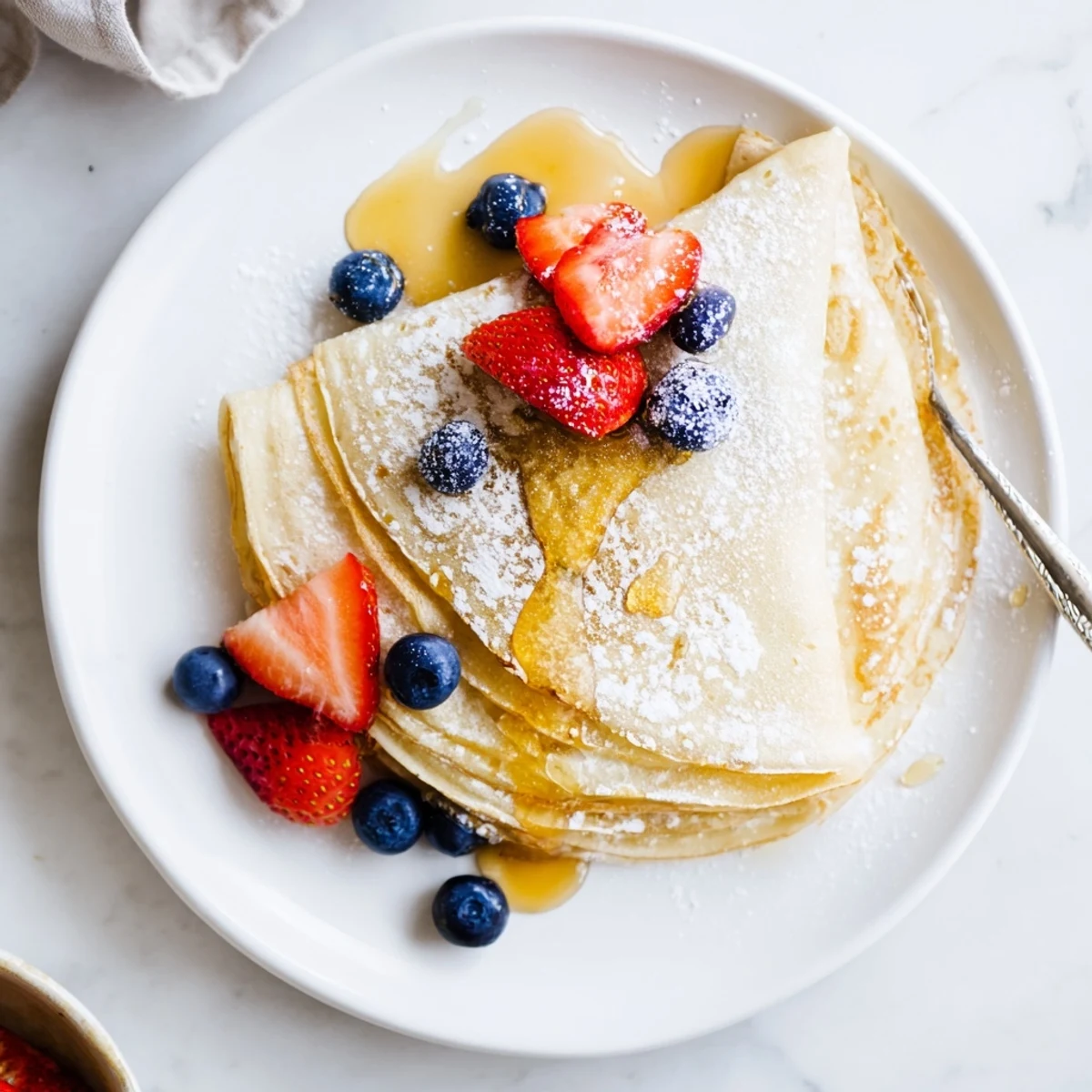Lacy golden crepes with honey drizzle folded into quarters and topped with sweet honey