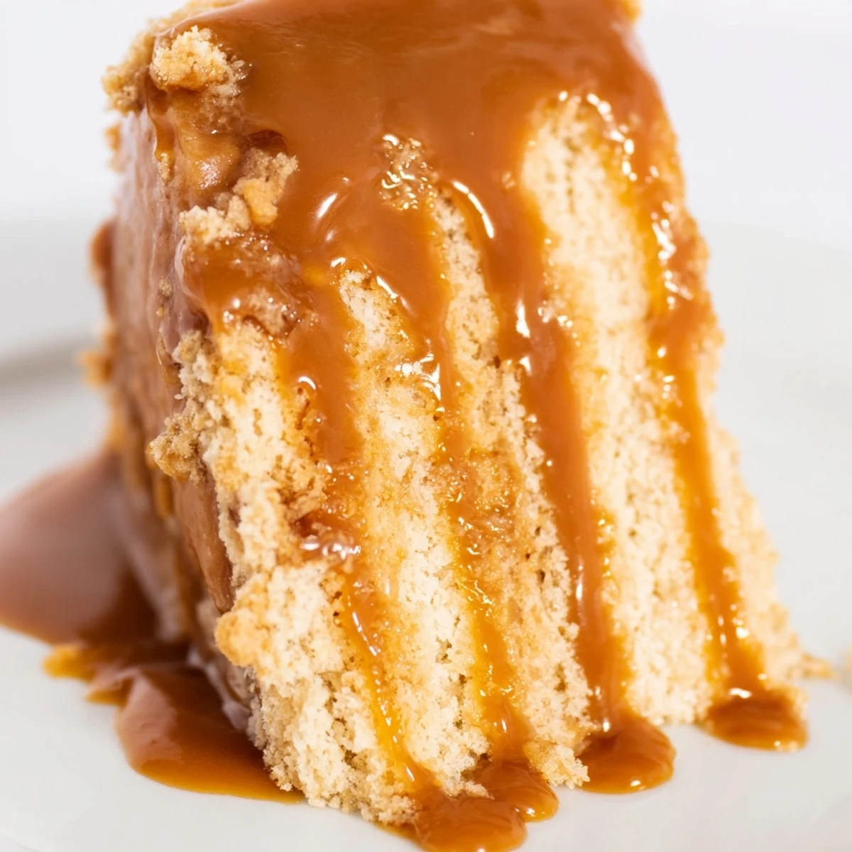 Golden caramel cake drizzled with glossy sauce on top of three fluffy buttery layers