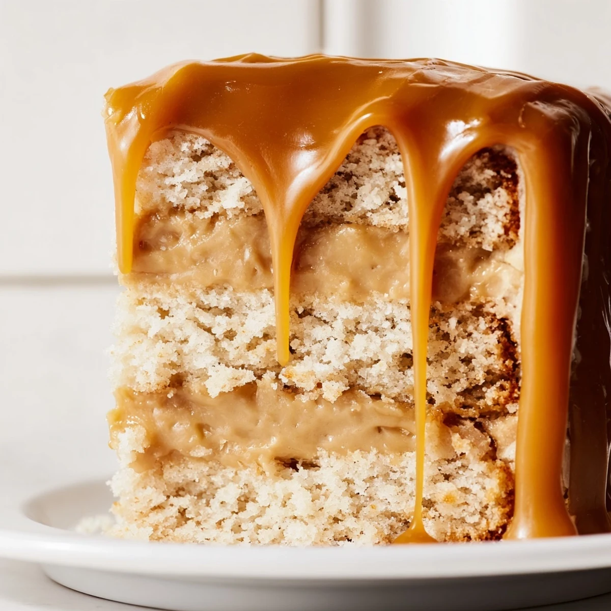 Decadent caramel cake slice revealing silky frosting and golden amber caramel between cake layers