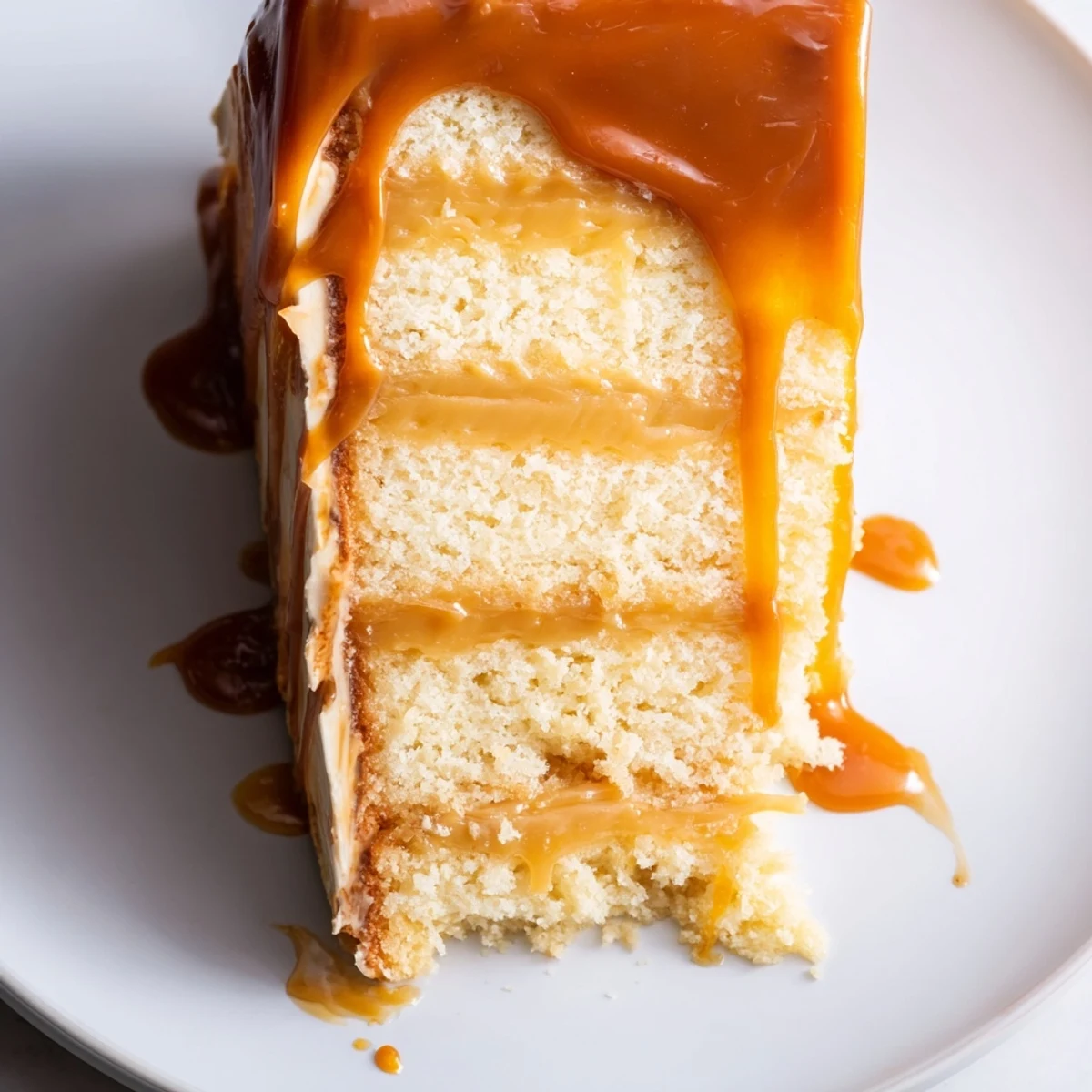 Rich caramel cake with glossy caramel drizzle cascading down frosted sides on white plate
