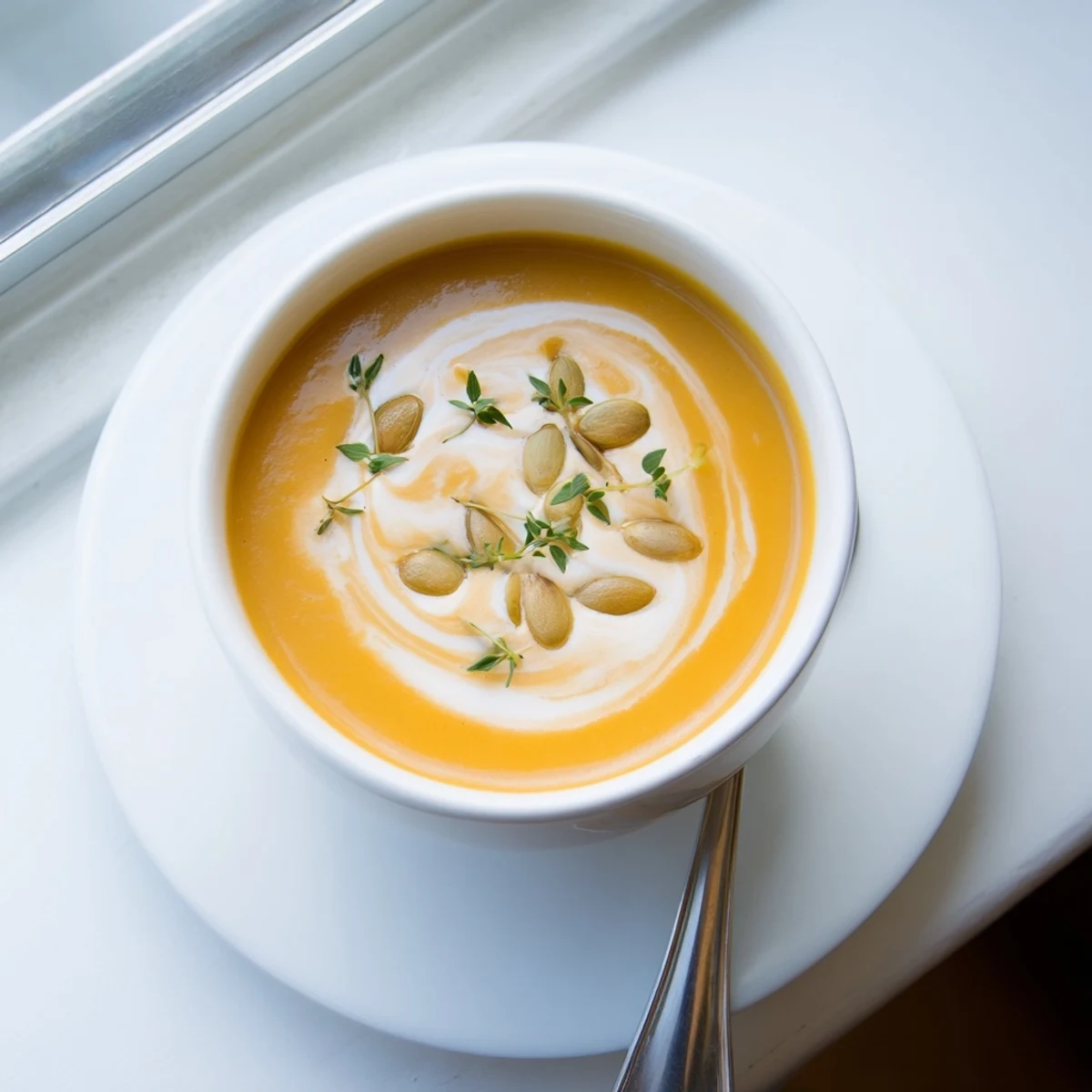 Golden bowl of comforting butternut squash soup swirled with coconut milk and cracked pepper