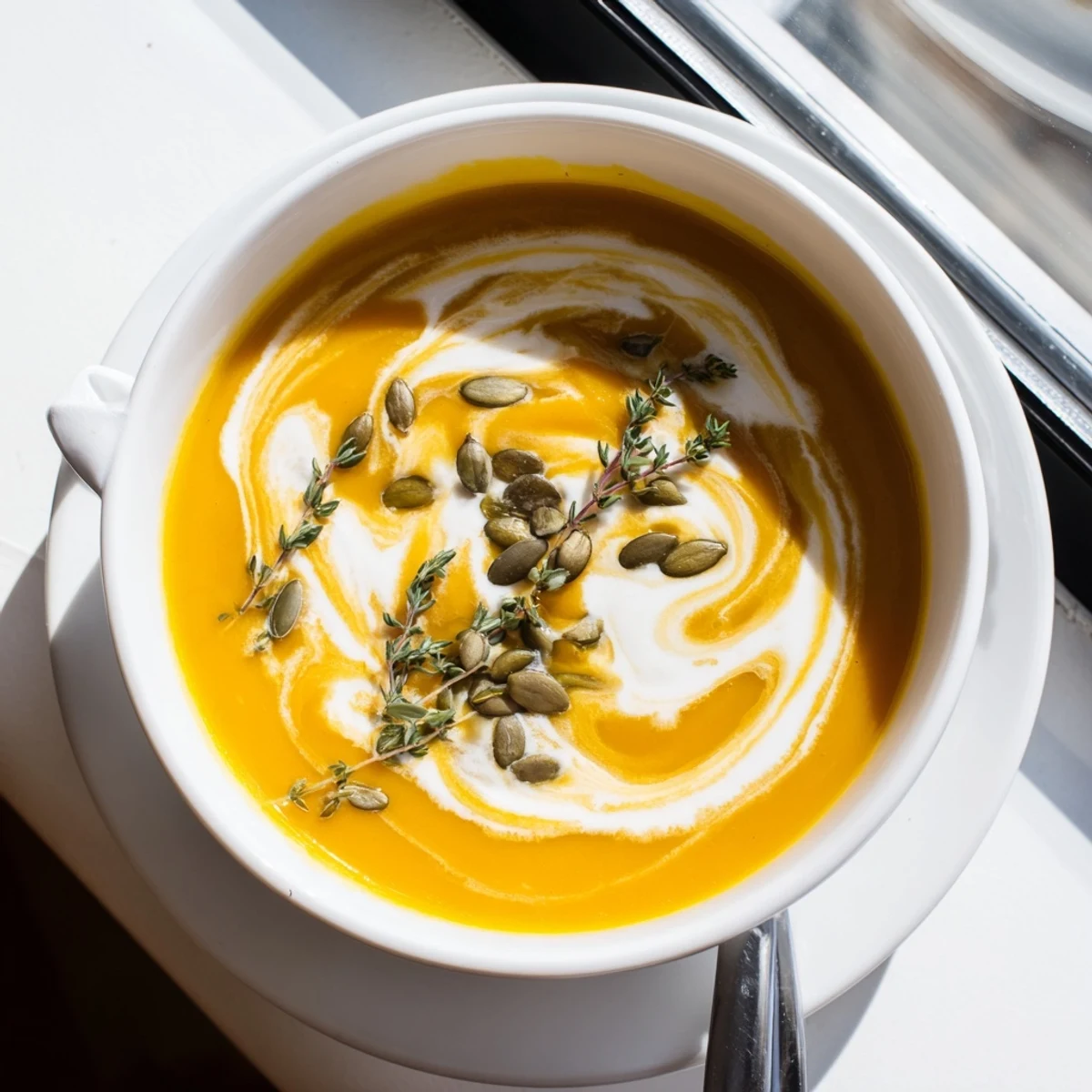 Creamy roasted butternut squash soup garnished with fresh thyme and toasted pumpkin seeds