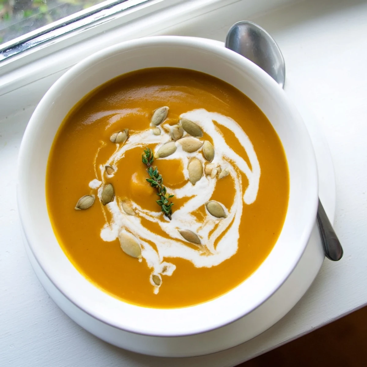 Velvety butternut squash soup featuring caramelized roasted vegetables served with crusty bread