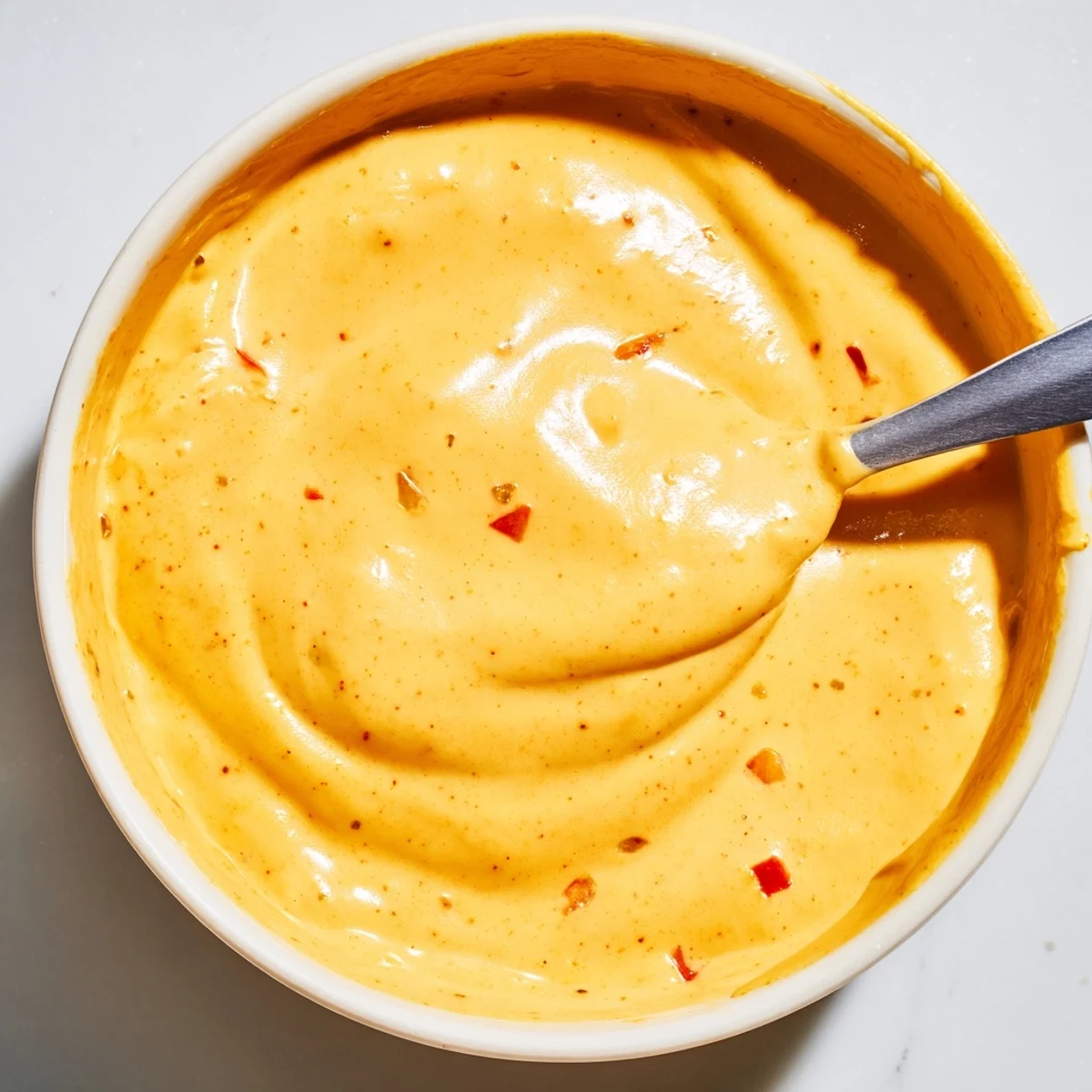 Smooth dairy-free nacho cashew cheese sauce in a bowl ready for dipping vegetables