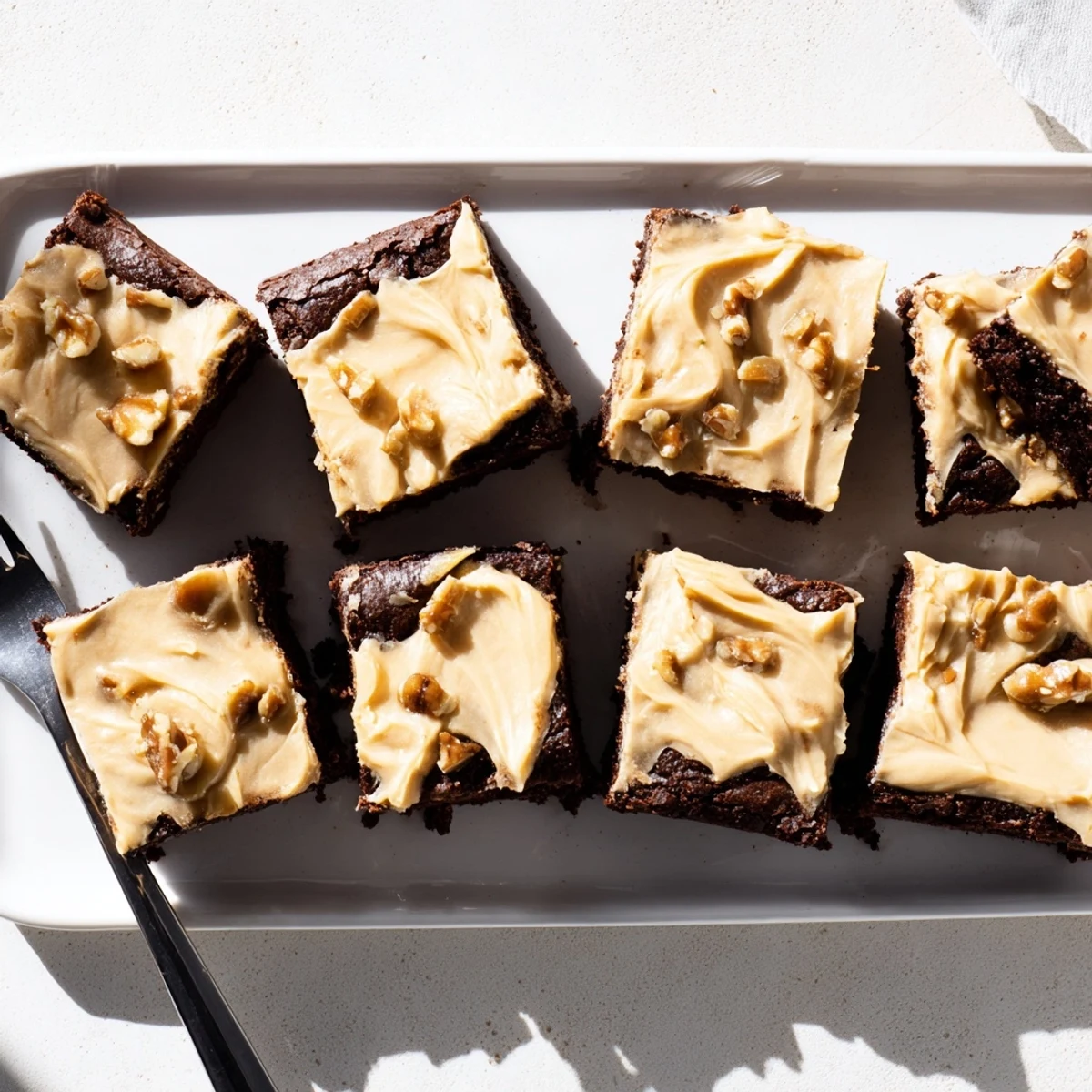 Thick banana bread brownies topped with swirls of nutty brown butter frosting