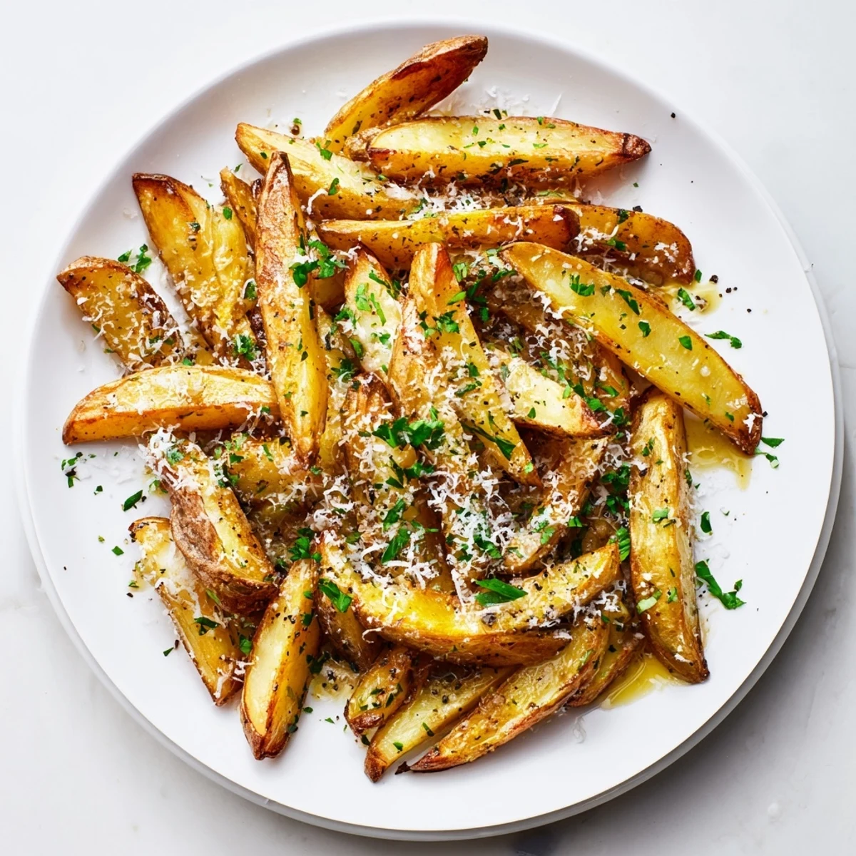 Golden homemade truffle fries topped with freshly grated Parmesan and chopped parsley
