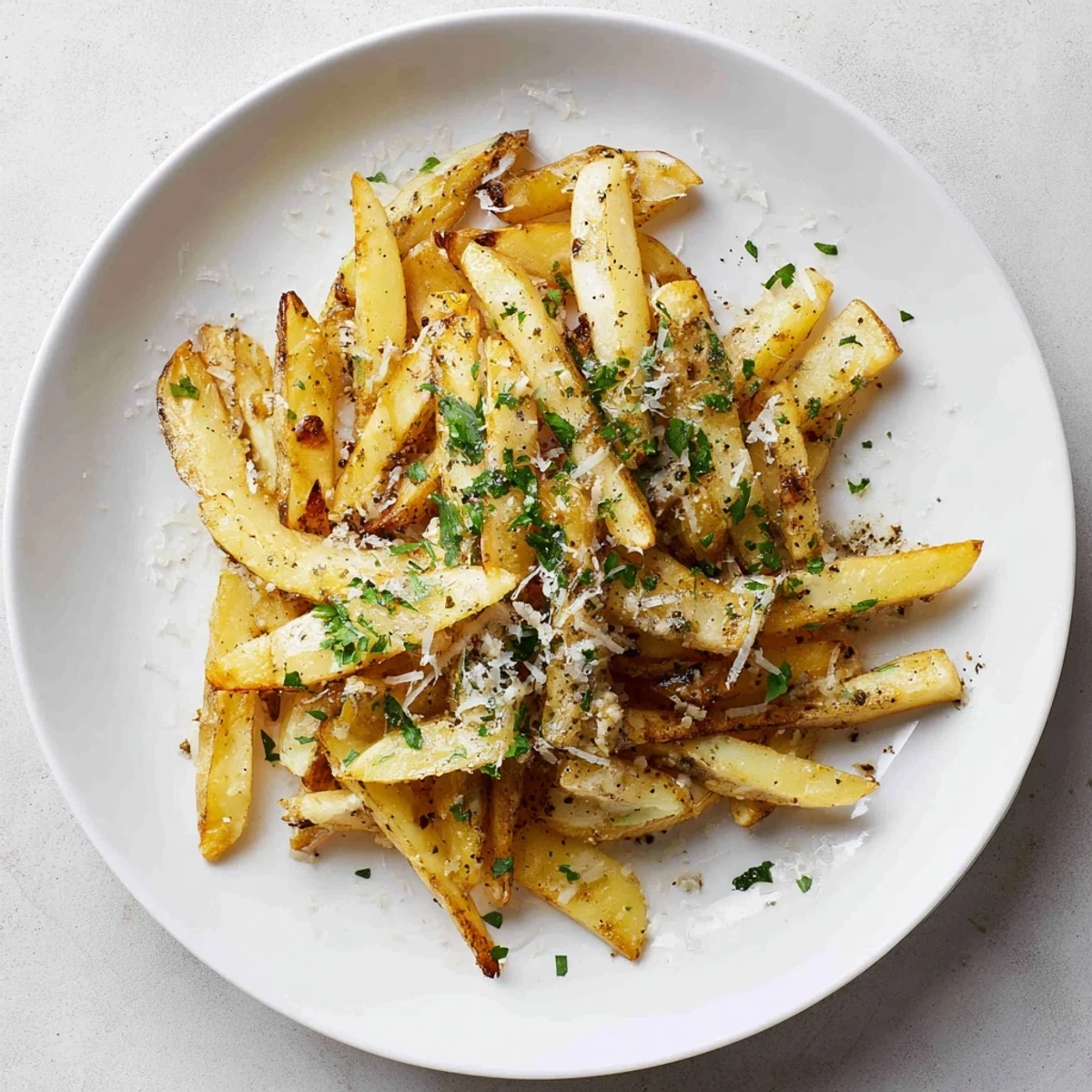 Oven-baked potato fries tossed in truffle oil with Parmesan and black pepper