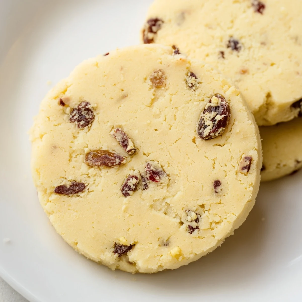Golden Christmas Maraschino Cherry Shortbread cookies studded with bright red cherries on a white platter