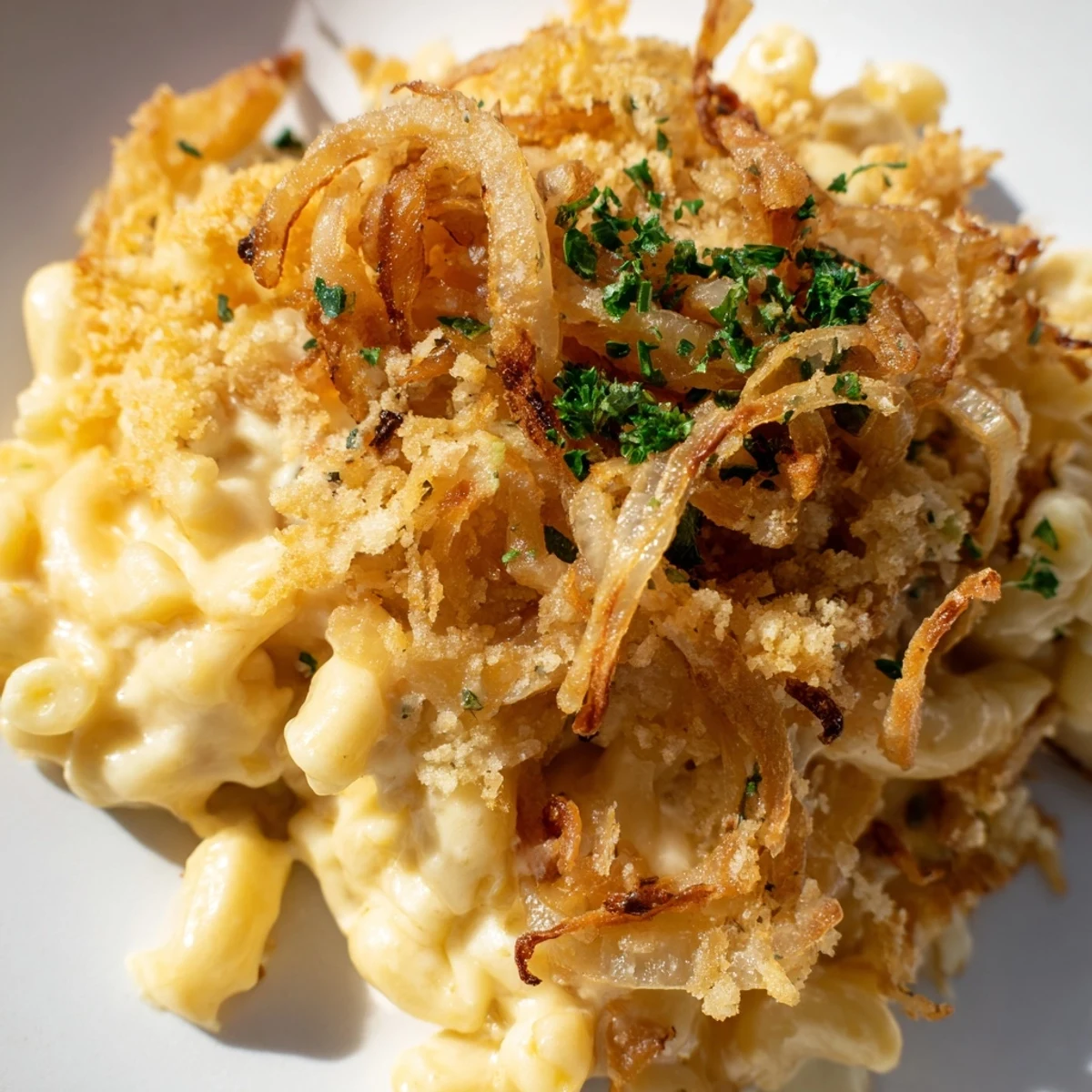 Golden French onion mac and cheese with caramelized onions and bubbling Gruyère cheese topping