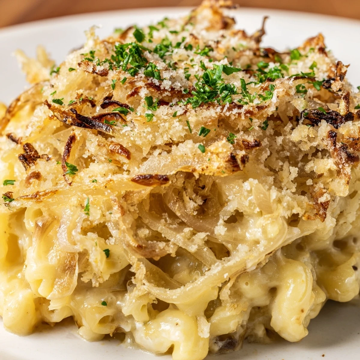 Oven-baked French onion mac and cheese featuring sweet caramelized onions and three melted cheeses