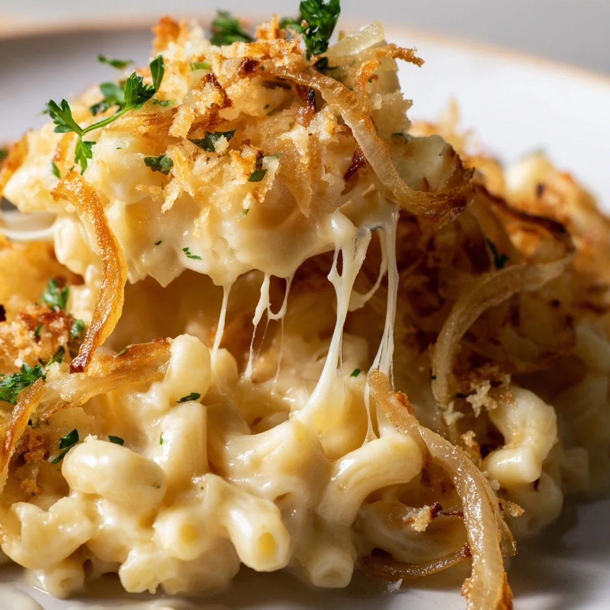 Creamy French onion mac and cheese baked until crispy with golden breadcrumb garnish
