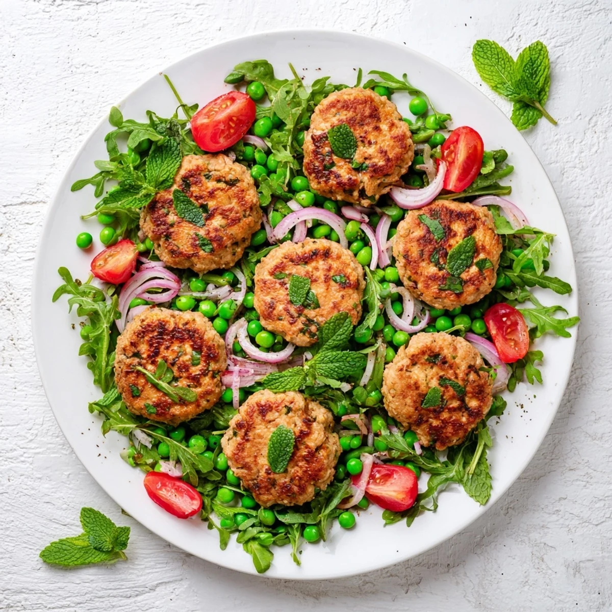 Golden brown turkey patties with herbs served alongside vibrant arugula and fresh pea salad
