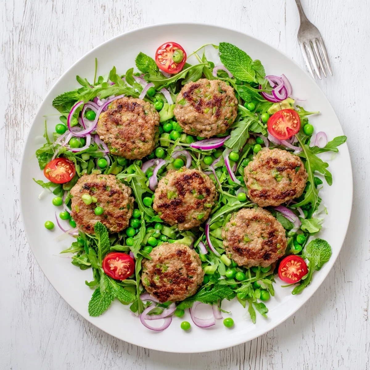 Juicy seasoned turkey patties plated on crisp arugula bed with sweet peas and tomatoes