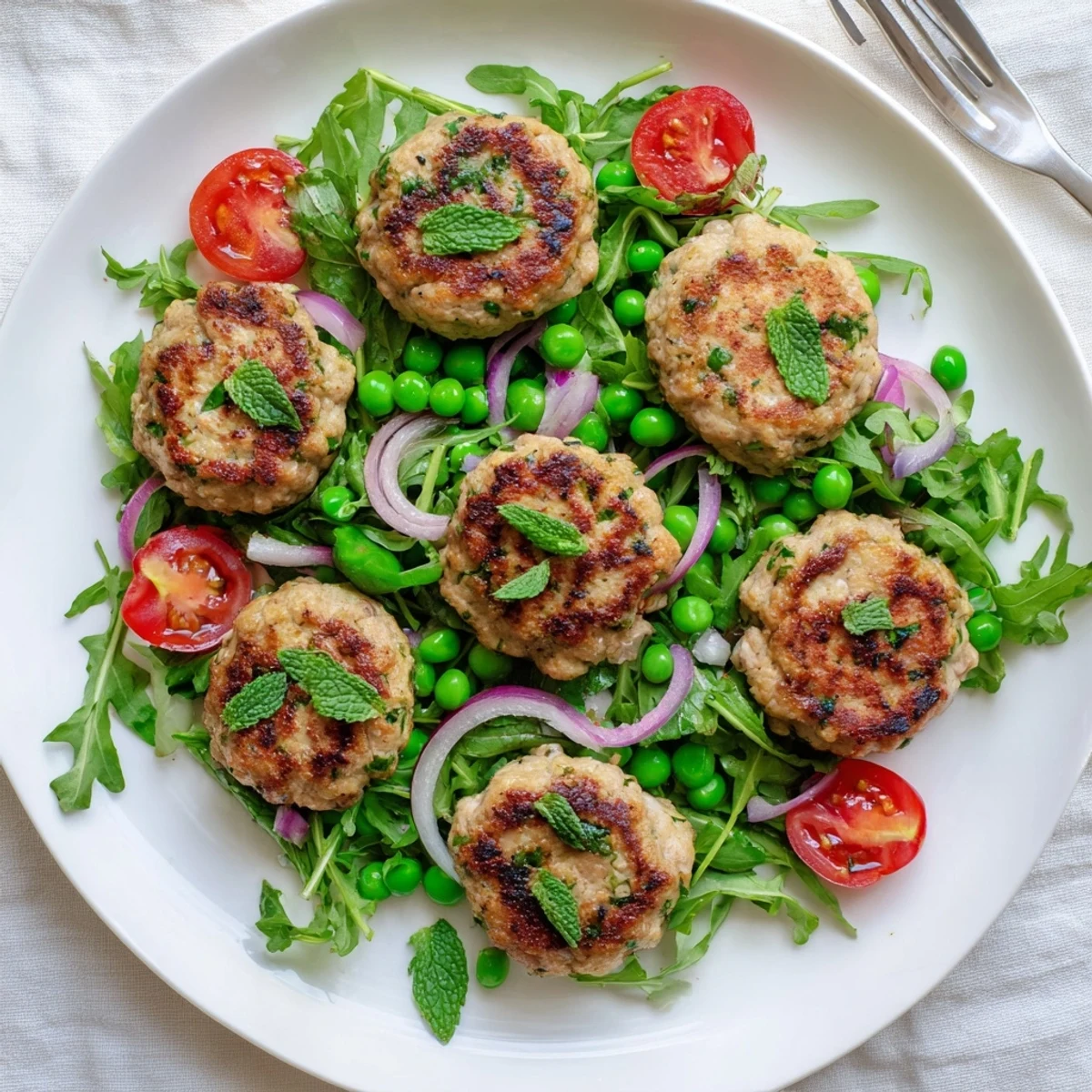 Savory ground turkey patties pan-fried to perfection with refreshing mint pea salad on white plate