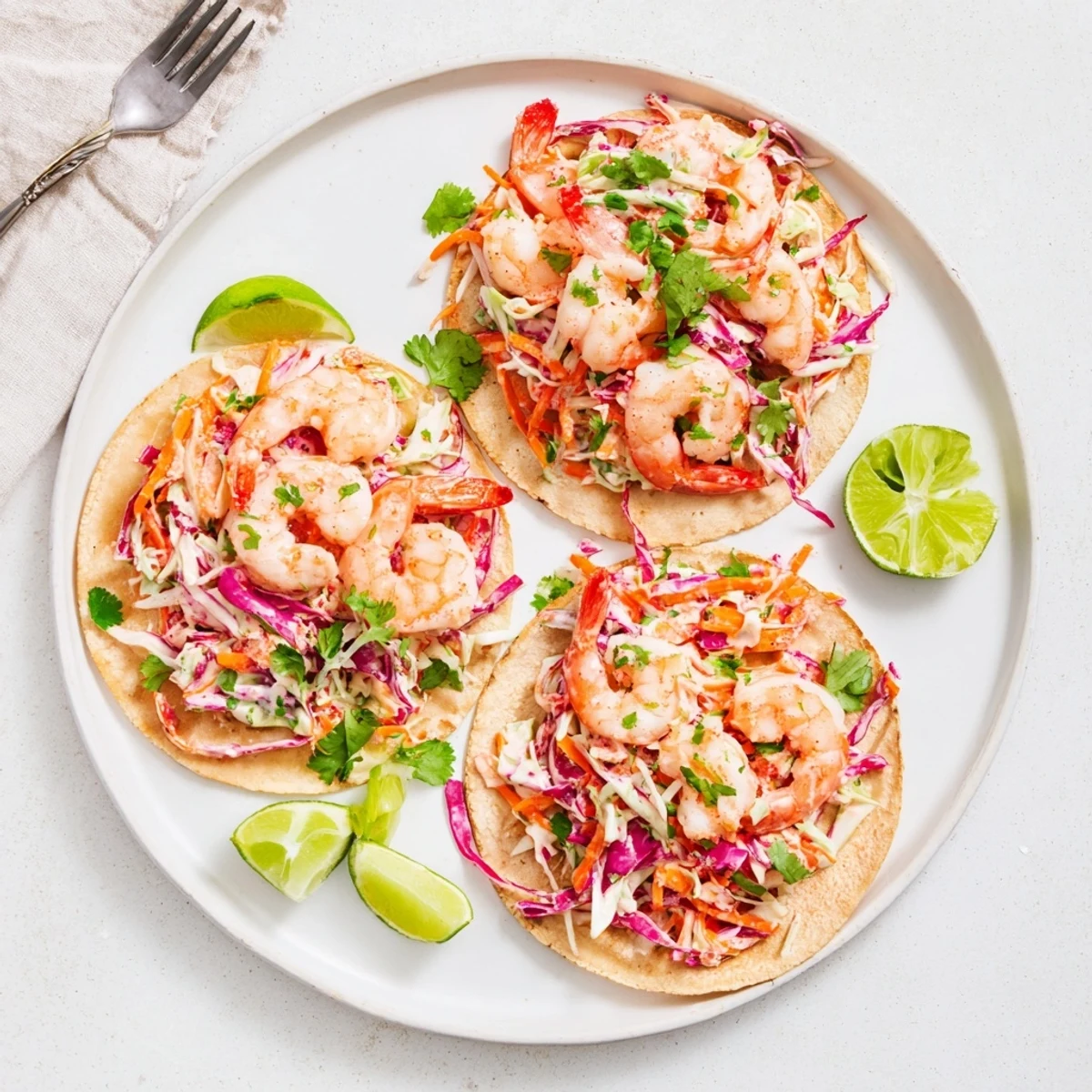 Juicy seasoned shrimp piled in warm tortillas topped with colorful crunchy slaw and fresh cilantro