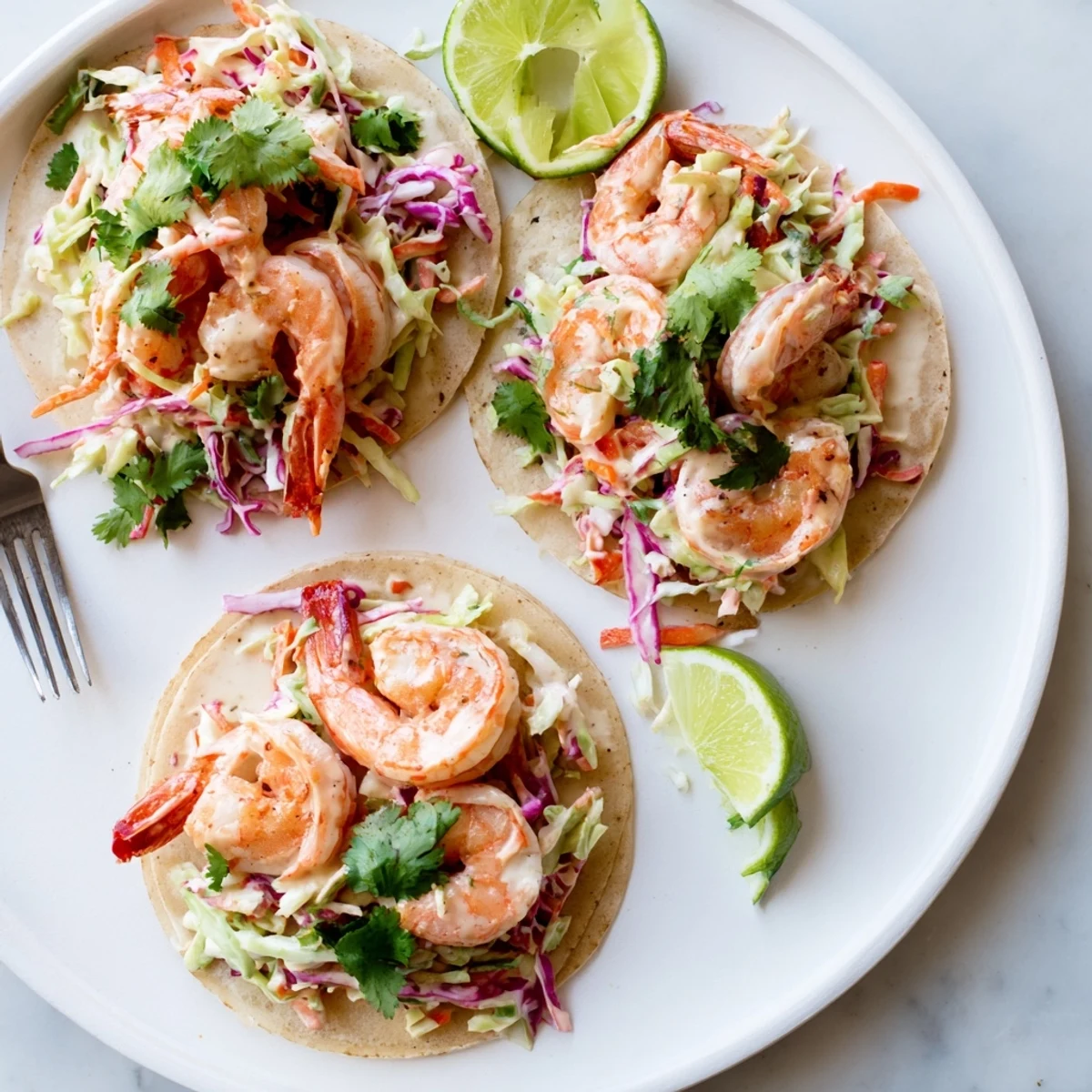 Golden spiced shrimp tacos with crisp cabbage carrot slaw and lime wedges on serving platter