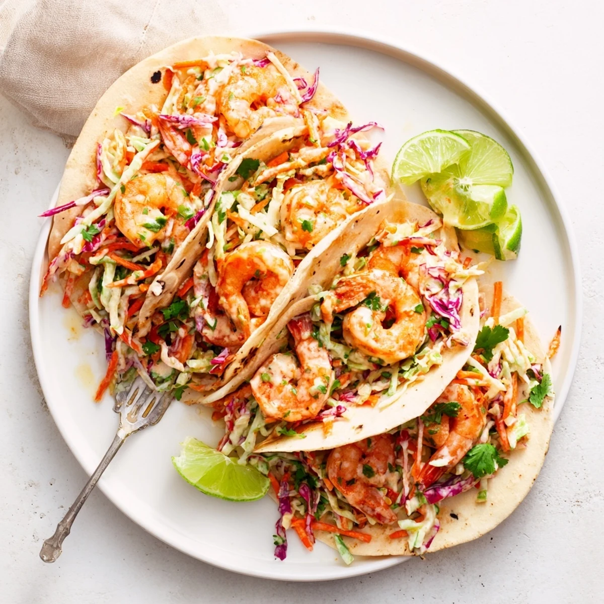 Flavorful shrimp tacos featuring spicy grilled shrimp layered with tangy creamy slaw in soft tortillas