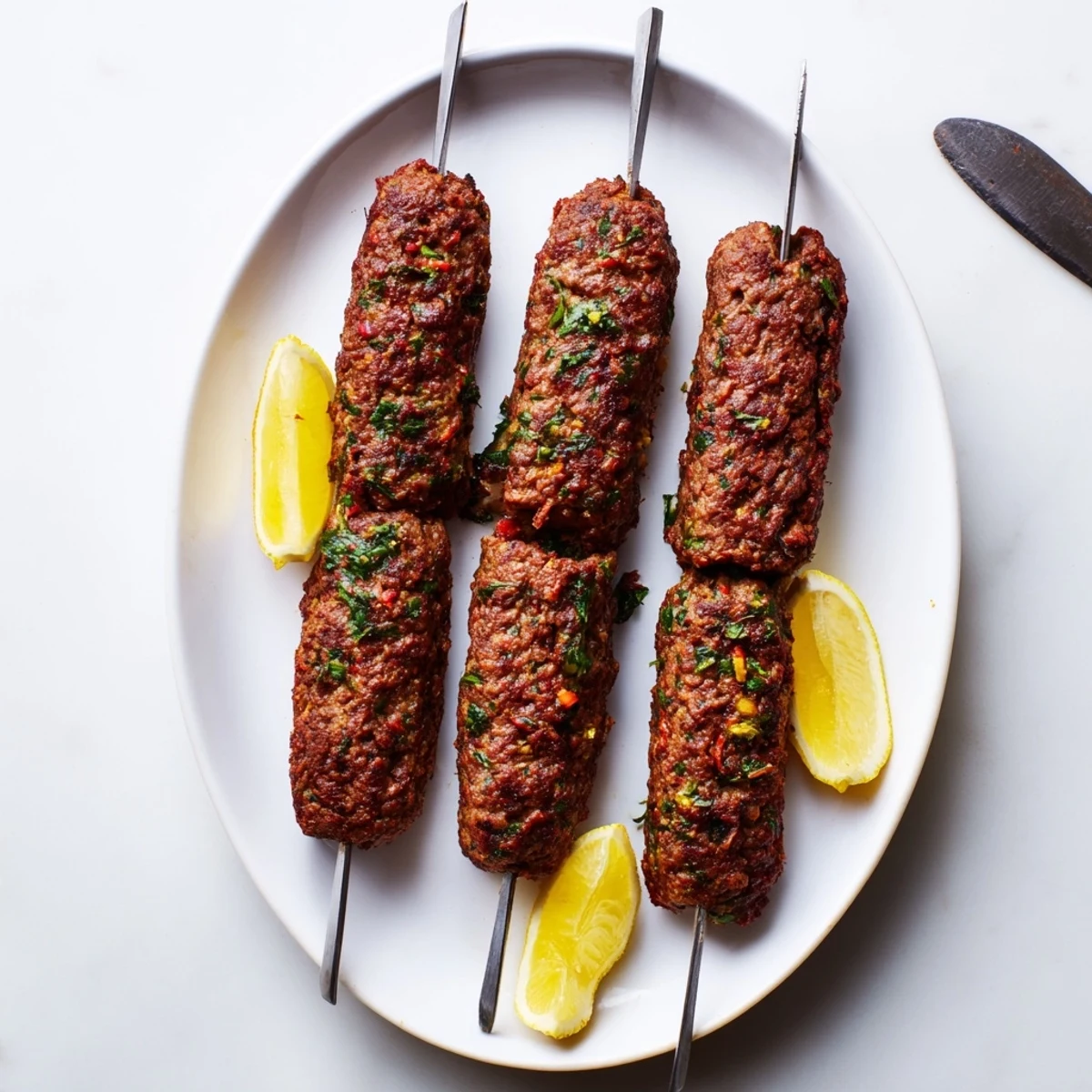 Golden grilled beef kofta kebabs on skewers featuring charred edges and juicy spiced meat