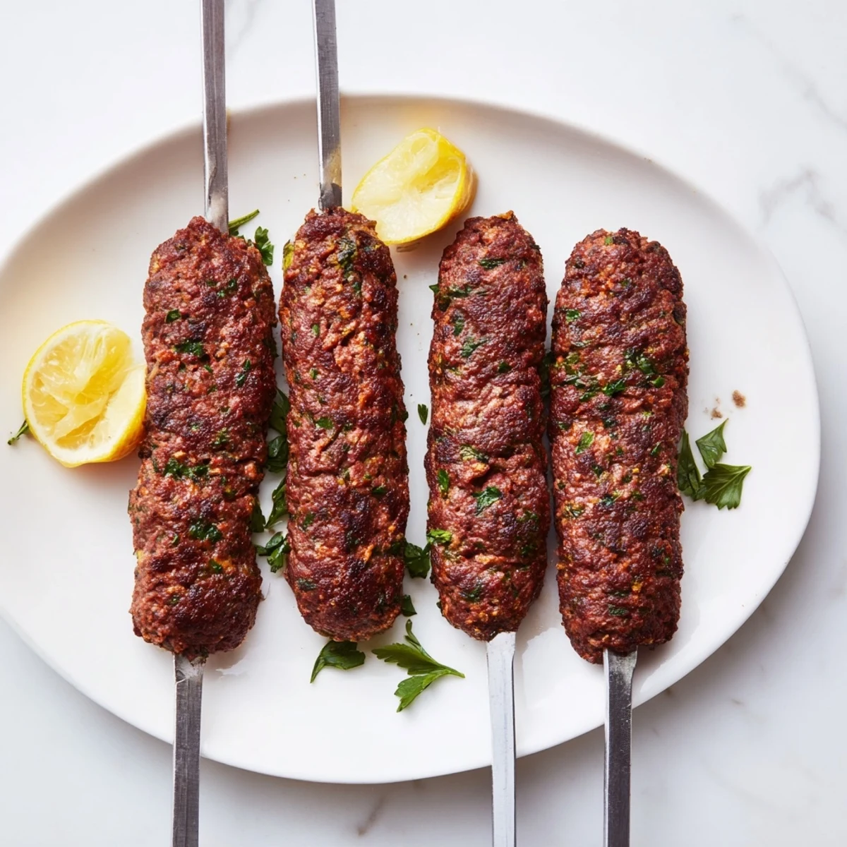 Homemade beef kofta kebabs arranged on a platter with flatbread and sliced vegetables