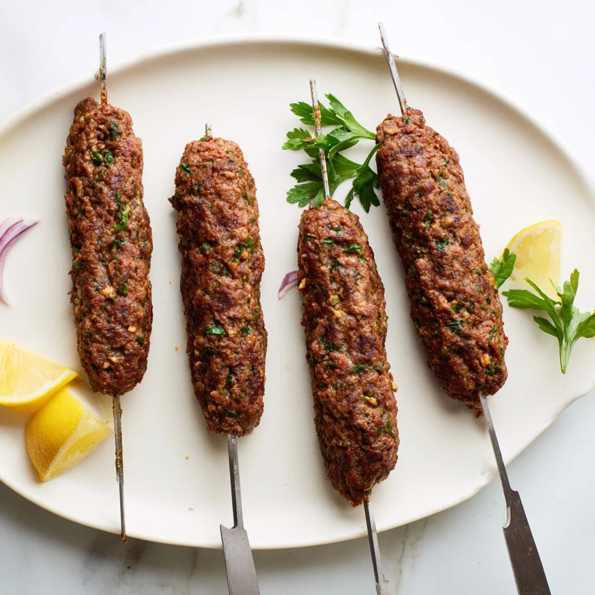 Plate of Middle Eastern beef kofta kebabs served with fresh herbs and lemon wedges
