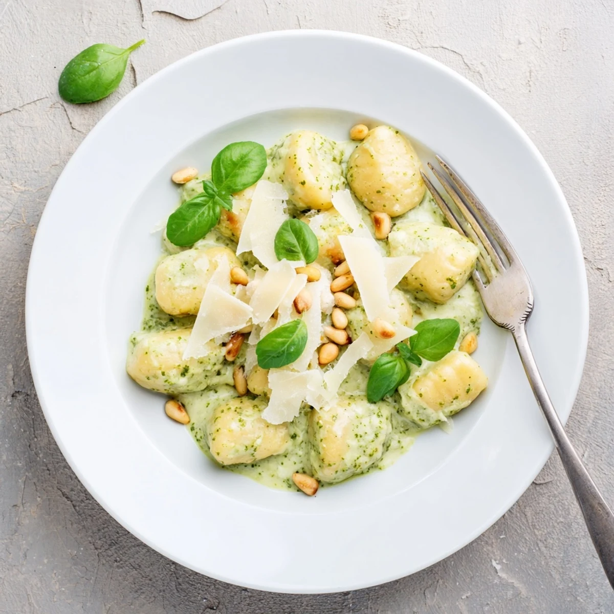 Pillowy gnocchi tossed in rich herbaceous pesto cream garnished with fresh basil and pine nuts