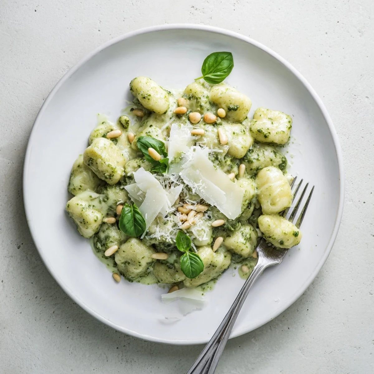 Golden potato gnocchi coated in vibrant green basil pesto cream sauce with grated Parmesan