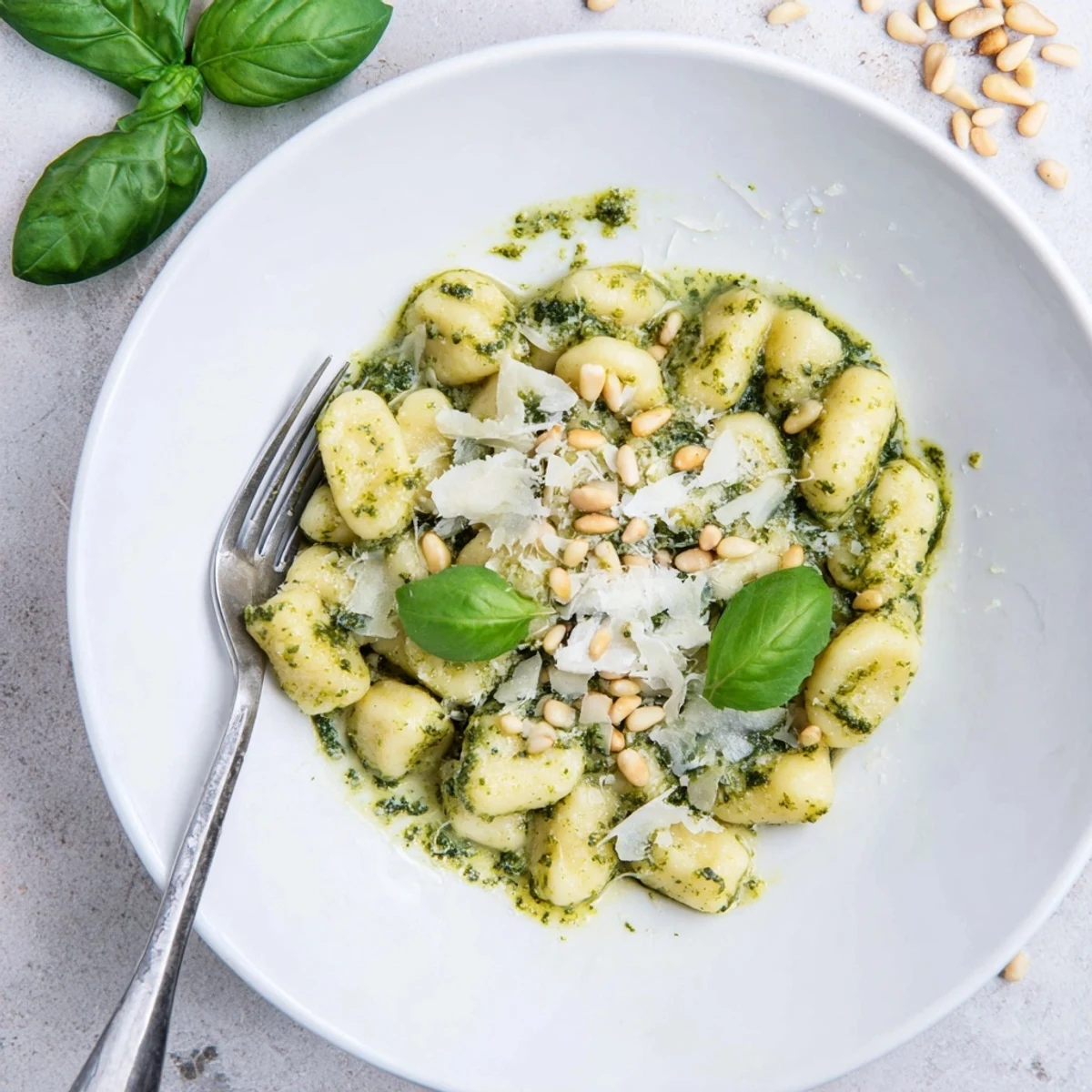 Creamy pesto gnocchi dish served in white bowl with extra Parmesan and basil leaves