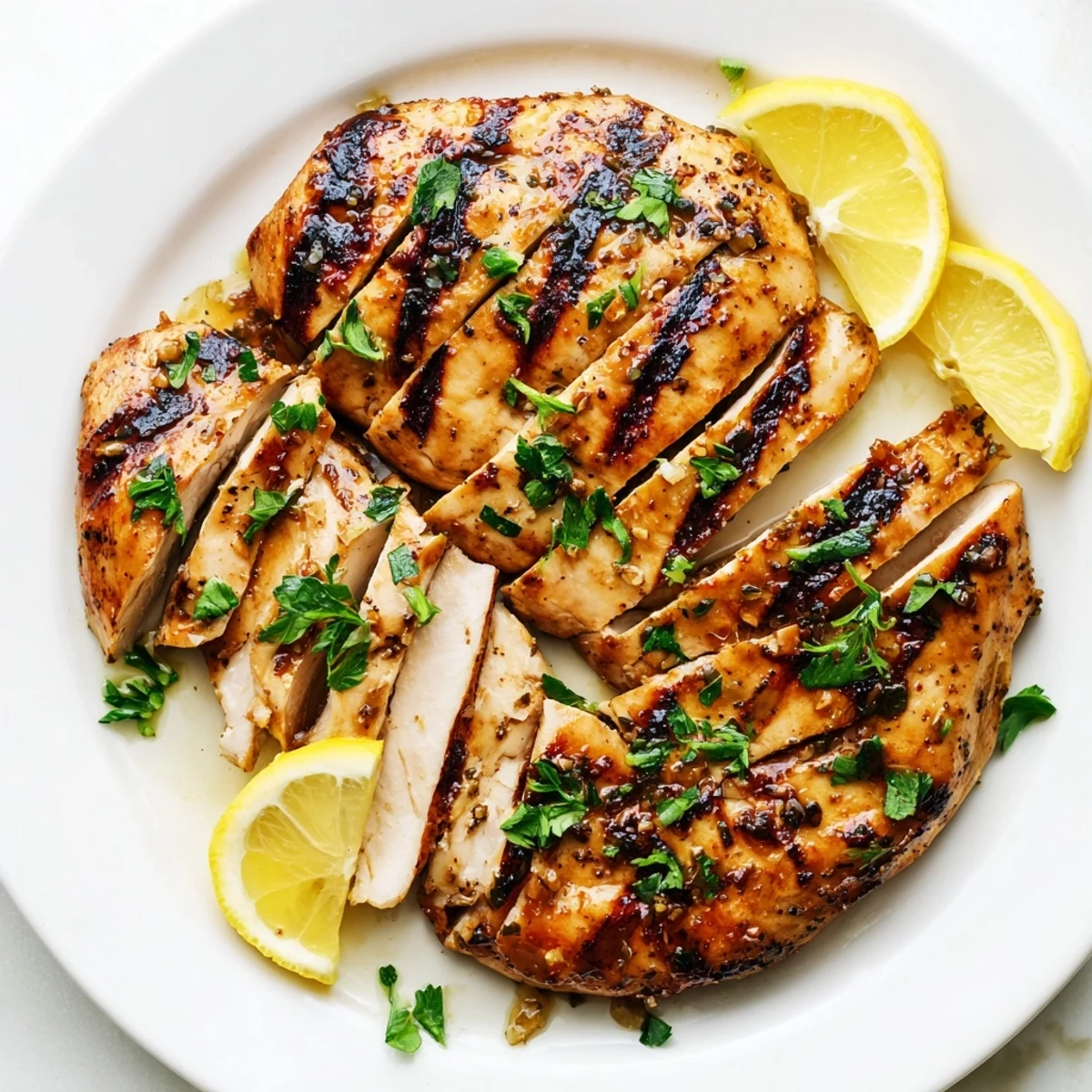 Juicy herb marinated Grilled Chicken with charred edges and lemon wedges