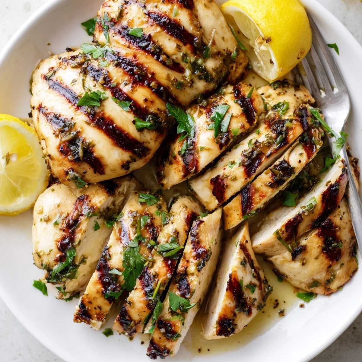 Sliced Grilled Chicken pulled off hot grill, smoky aroma and parsley garnish