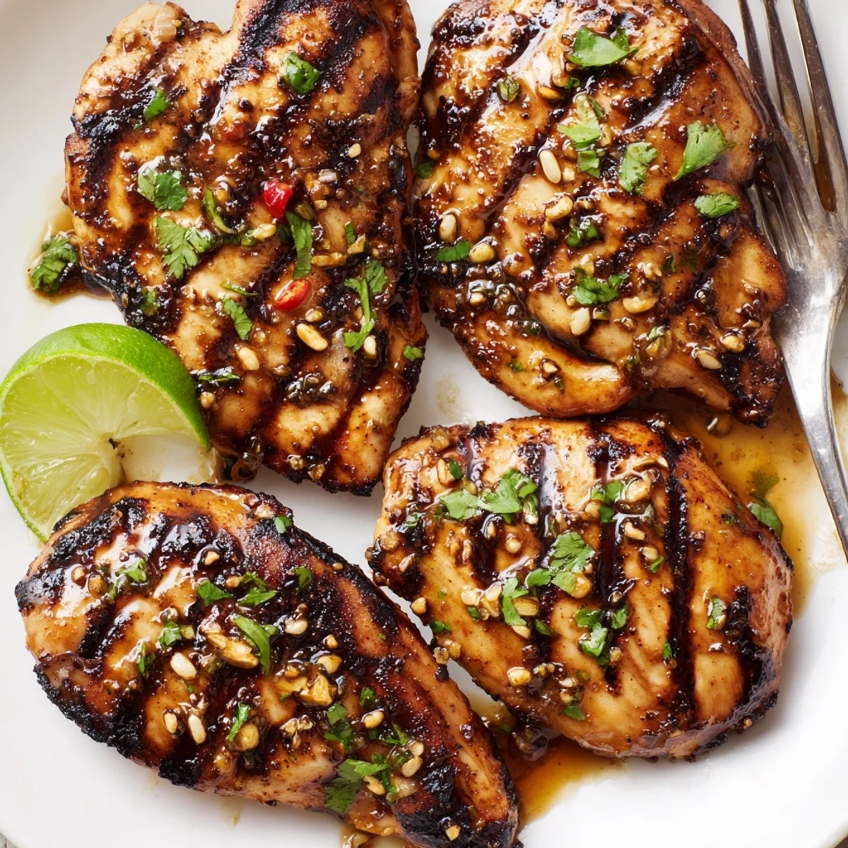 Key West Grilled Chicken glazed with citrus honey, resting on cilantro garnish