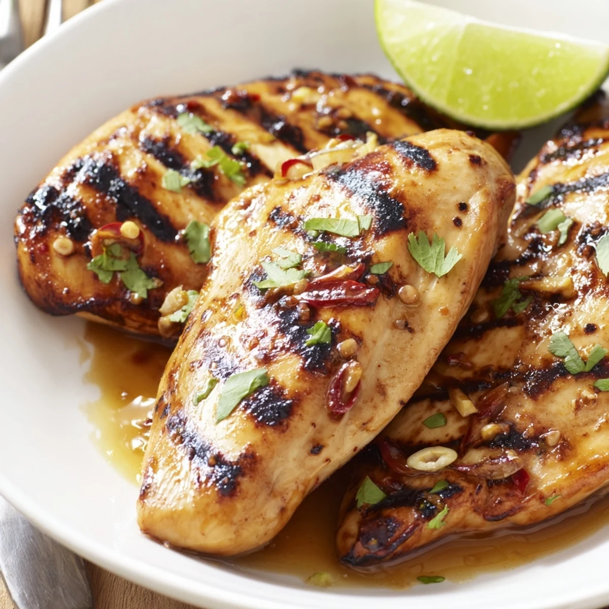Charred Key West Grilled Chicken served with lime wedges and pineapple salsa