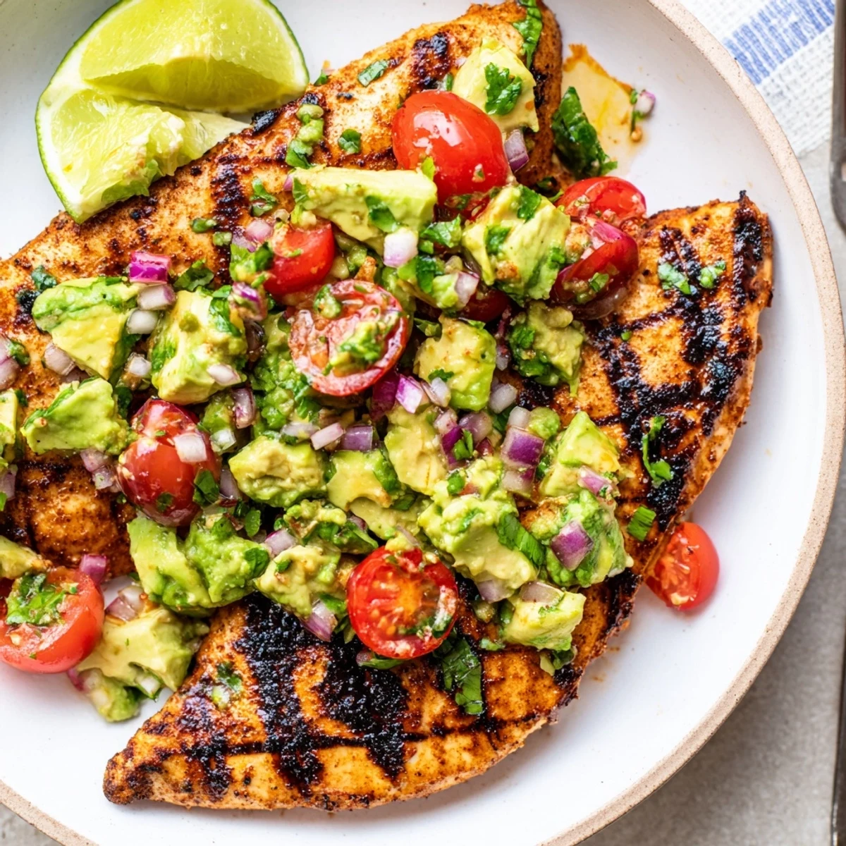 Juicy Grilled California Avocado Chicken topped with creamy salsa, seared grill marks