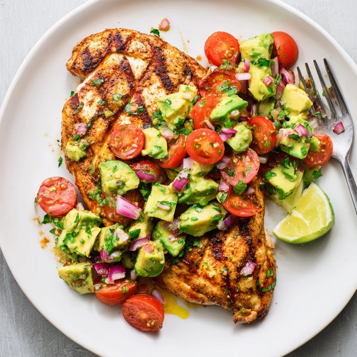 Charred chicken breast with lime wedges and salsa, Juicy Grilled California Avocado Chicken