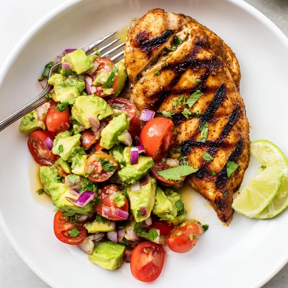 Smoky, tender Juicy Grilled California Avocado Chicken crowned with ripe tomatoes, zesty lime