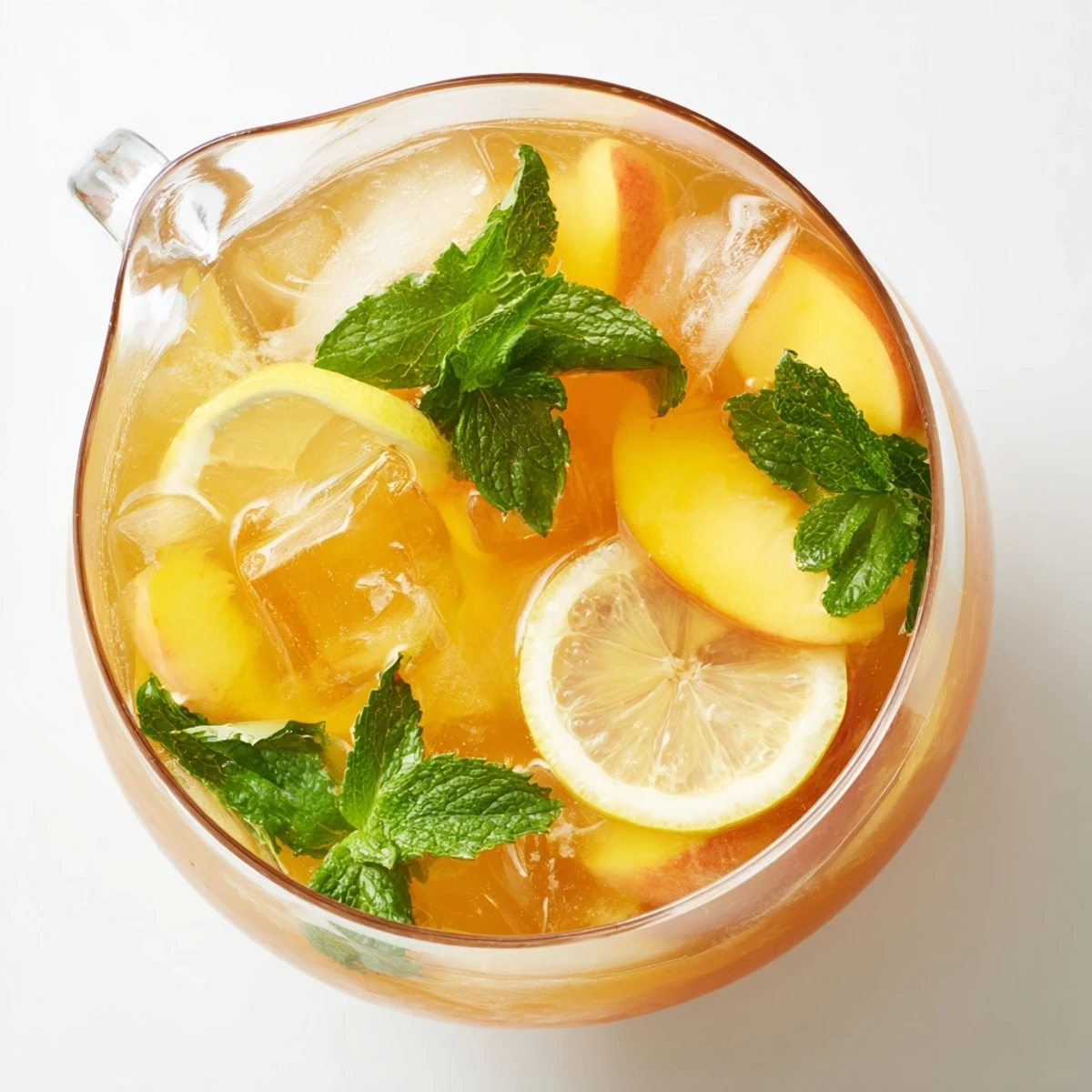 Glistening glass of refreshing peach lemonade garnished with fresh peach slices and mint leaves on a wooden table