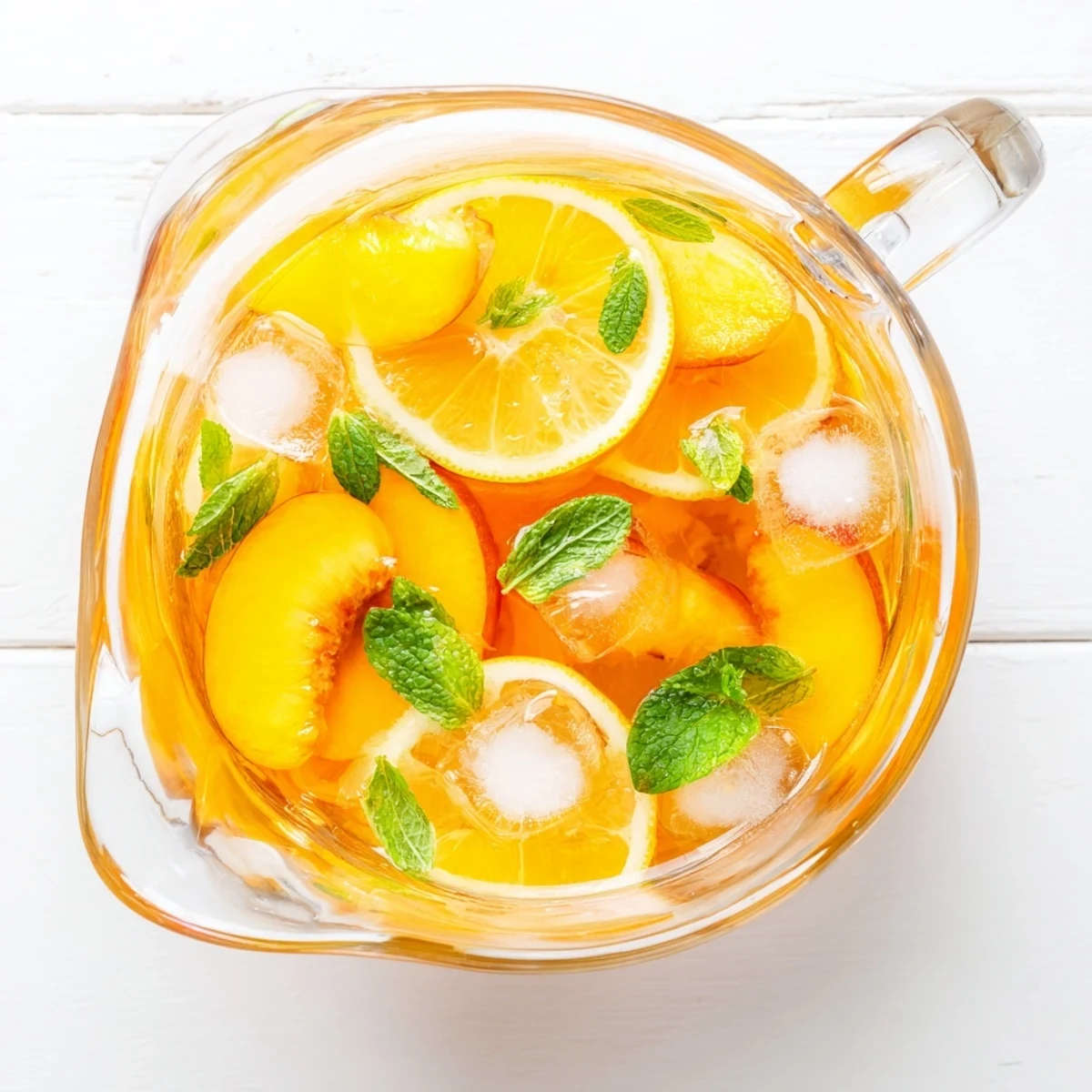 Tall pitcher filled with vibrant peach lemonade drink containing ice cubes, lemon wheels, and floating peach chunks