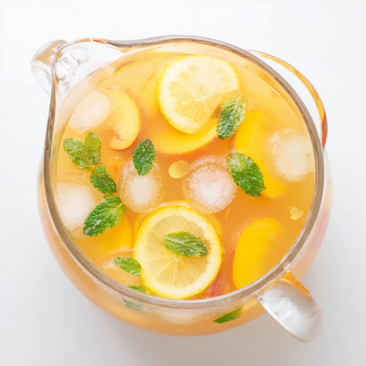 Close-up of cold peach lemonade in a mason jar with condensation, fresh peach wedge on rim, and mint sprig