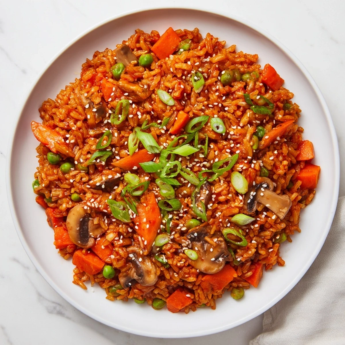 Colorful bowl of spicy vegan gochujang fried rice topped with sesame seeds and fresh green onions