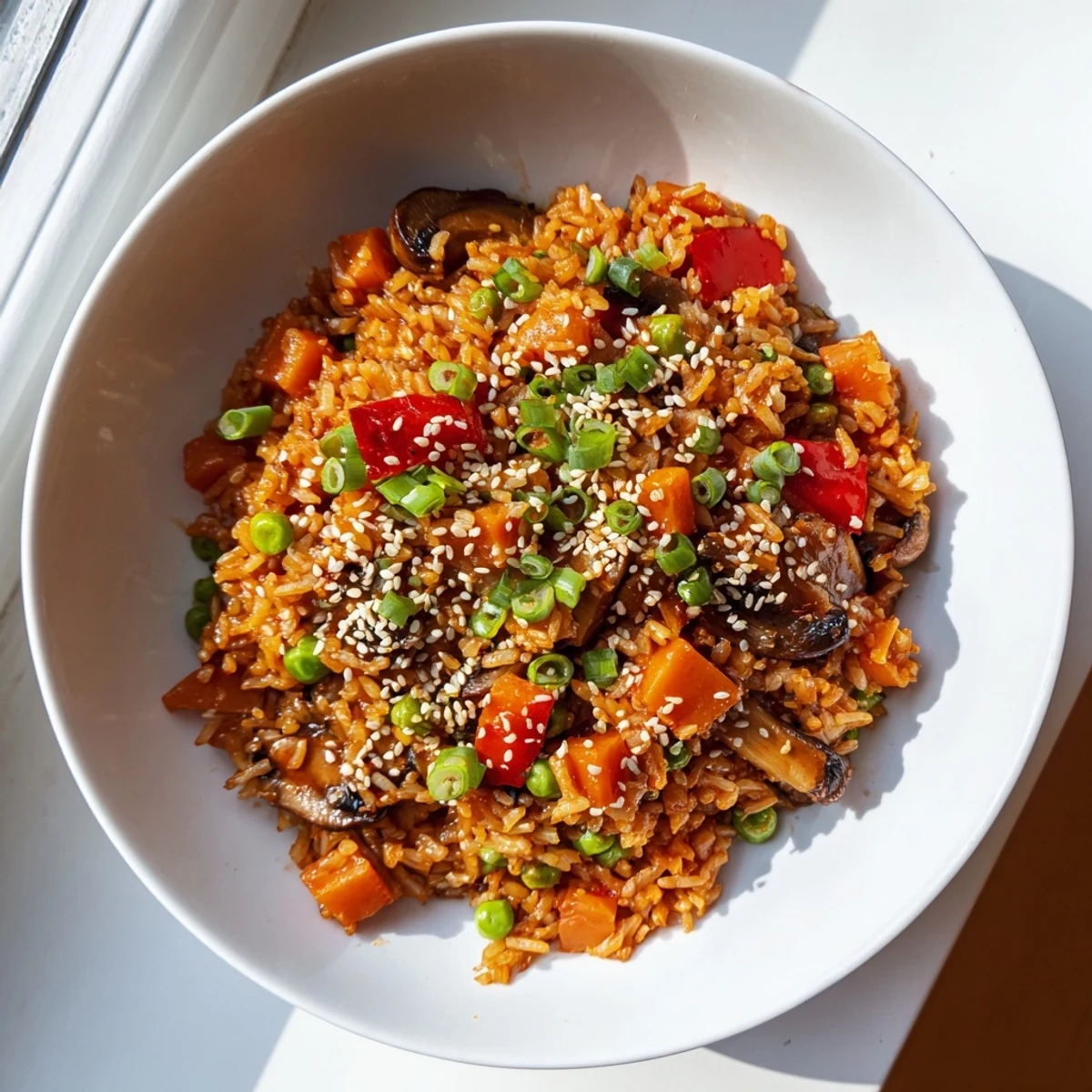 Steaming plate of Korean-inspired vegan gochujang fried rice with vibrant diced vegetables and crispy rice grains
