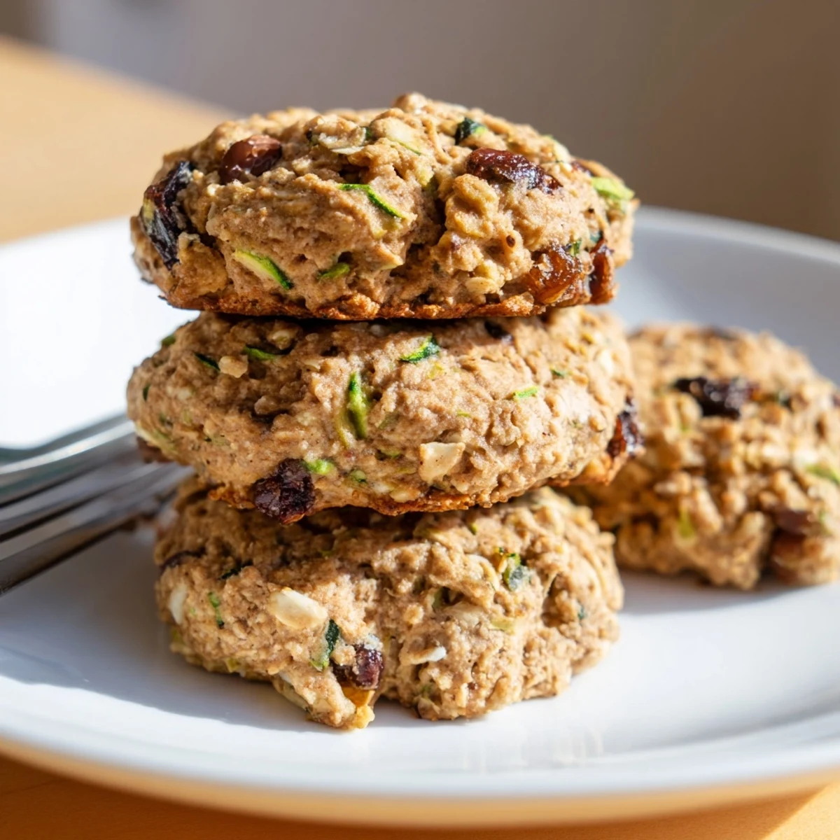 Soft baked zucchini bread breakfast cookies with visible zucchini shreds and chocolate chip bits